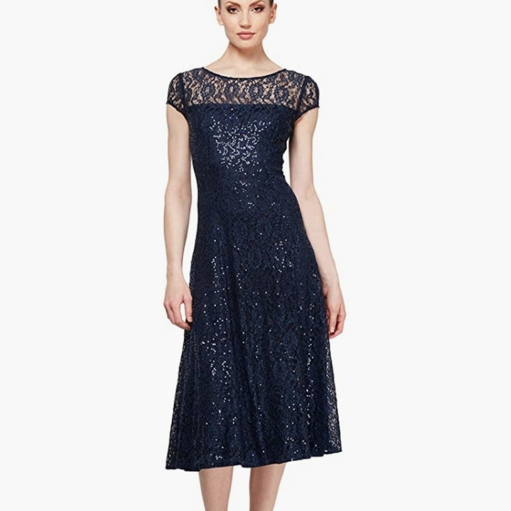 S.l fashion navy sequin tea length dress